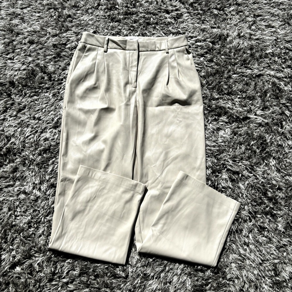 House of Harlow 1960 Beige Vegan Leather Pleated Straight Leg Trousers Size 10